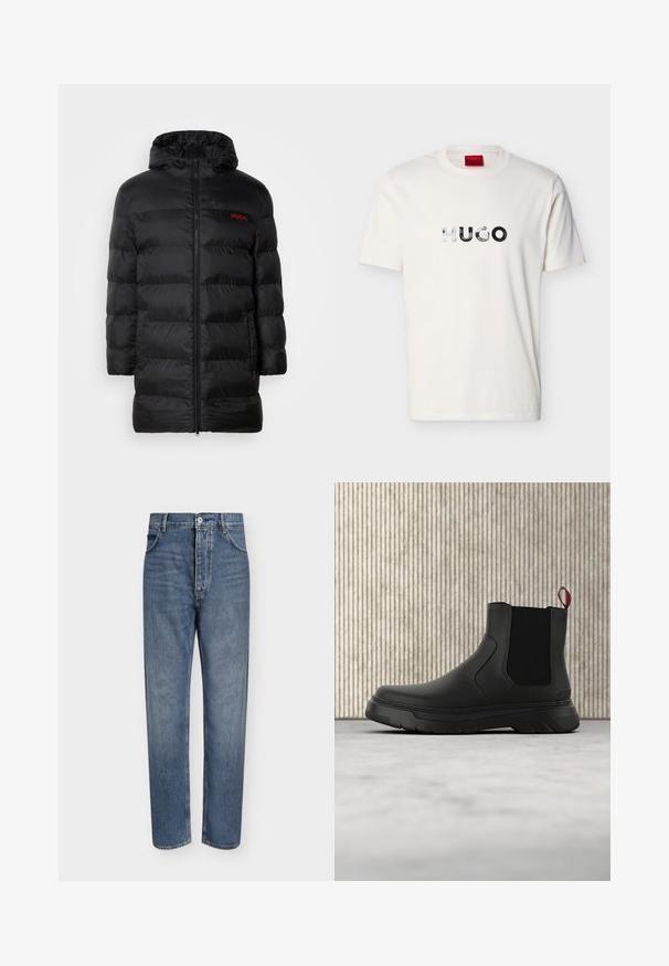 Sort pufferjakke med hætte, med en frontlynlås og horisontalt quiltet design. Rødt brandlogo synligt på venstre bryst.; Hvid T-shirt med korte ærmer og rund halsudskæring, med reflekterende "HUGO"-logo centreret på brystet.; Straight-leg blå denim jeans med høj talje, frontknaplukning og fem-lomme design på en ensartet lys baggrund.; Sort ankelstøvle med en glat overflade, elastiske sidepaneler og en kontrasterende rød træksløjfe, der har en tyk gummisål og rund tå.