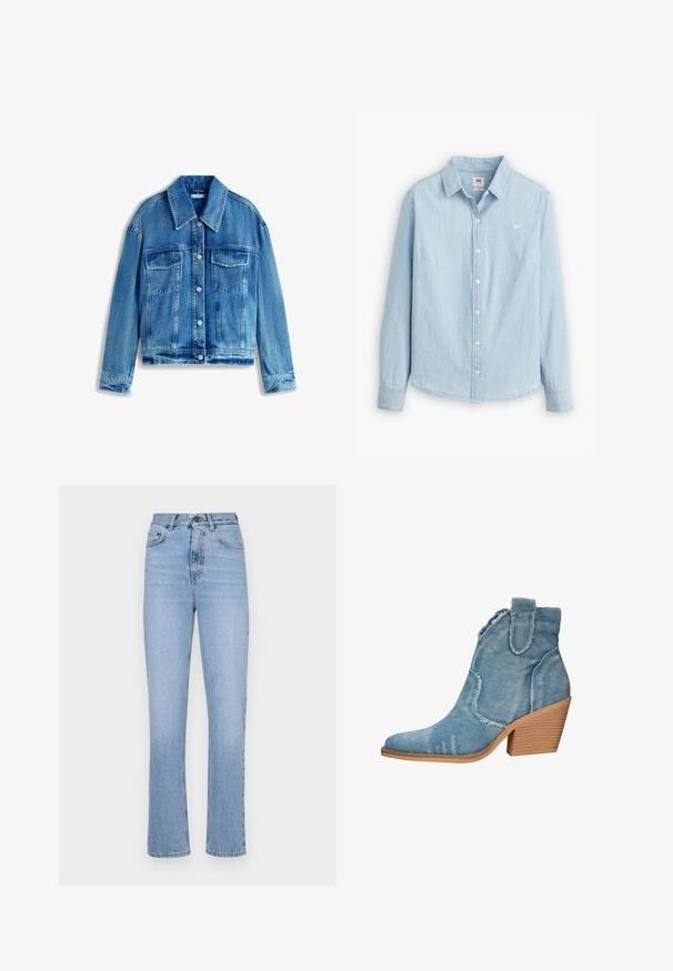 Leren spijkerjack in lichtblauw, met een kraag, lange mouwen, twee borstzakken en zilveren knopen. Overal een versleten textuur.; Lichtblauwe overhemdbloes gemaakt van zacht denimstof. Heeft een klassieke kraag en lange mouwen, met een klein logo op de borst.; Lichtblauwe denim jeans met een rechte pasvorm, hoge taille en klassieke vijf-pocketstijl. Kenmerkt zich door een gladde textuur en subtiele vervaging.; Blauwe spijkerdenim enkellaarsjes met een spitse neus, verouderde textuur en een gestapelde houten hak. Voorzien van zijlussen voor makkelijk aan- en uittrekken.