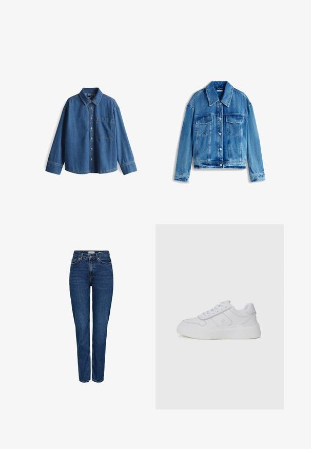 Leren spijkerjack in lichtblauw, met een kraag, lange mouwen, twee borstzakken en zilveren knopen. Overal een versleten textuur.; Denim shirt, lichtblauw, lange mouwen, knopenlijst aan de voorkant, kraag, enkele borstzak, contrasterende stiksels en een ontspannen pasvorm.; Donkerblauwe spijkerbroek met rechte pijpen, hoge taille, vijf zakken, lichte stiksels en een subtiele textuur.; Tommy Hilfiger SNEAKER - Sneakers laag - white