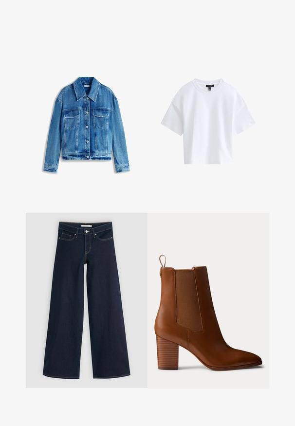 Jeansjacke in Hellblau, mit Kragen, langen Ärmeln, zwei Brusttaschen und silbernen Knöpfen. Durchgehend mit einem abgenutzten Look.; Schlichtes weißes kurzärmeliges Cropped-T-Shirt mit rundem Ausschnitt und schwarzem Markenlabel innen im Kragen.; Weite Jeans aus dunkelblauem Denim mit orangefarbenen Nähten, Knopfverschluss, zwei vorderen Taschen und einer glatten Textur. Verfügt über einen sauberen Saum.; Brauner Leder-Stiefelette mit Blockabsatz, elastischen Seiteneinsätzen und Zuglasche hinten, im Profil vor einfarbigem Hintergrund gezeigt.