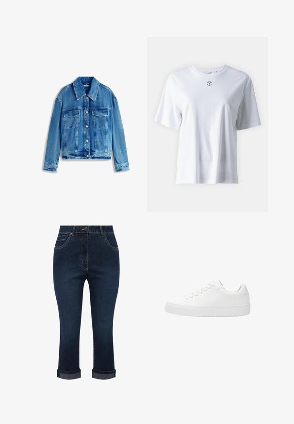 Denimjakke i lyseblå, med krave, lange ærmer, to brystlommer og sølvknapper. Slidt tekstur overalt.; Hvid bomulds t-shirt med korte ærmer og rund halsudskæring. Har et lille sort logo centreret på brystet. Glat tekstur, afslappet design.; Mørkeblå denim korte jeans med forlommer, knaplukning og optrukne kanter.; Hvide snørresko med glat læderoverdel, rund tå og flad gummisål. Minimalistisk design med ensfarvet skema.