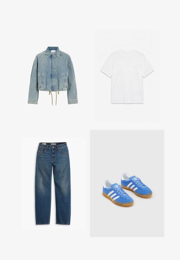 Lichtblauw spijkerjasje met kraag, drukknopen, twee voorzakken, lange mouwen en een verstelbare koord aan de zoom.; Effend wit T-shirt met korte mouwen en ronde hals, plat gelegd op een witte achtergrond.; Blauwe denim jeans met een relaxte pasvorm, voorzien van een hoge taille, rechte pijpen, zichtbare stiksels en een kleine accent op de linkerknee.; Blauwe suède sportschoenen met witte gestreepte accenten, rubberen zool en een gevoerde kraag voor comfort. Beschikt over een klassiek vetersluiting ontwerp.
