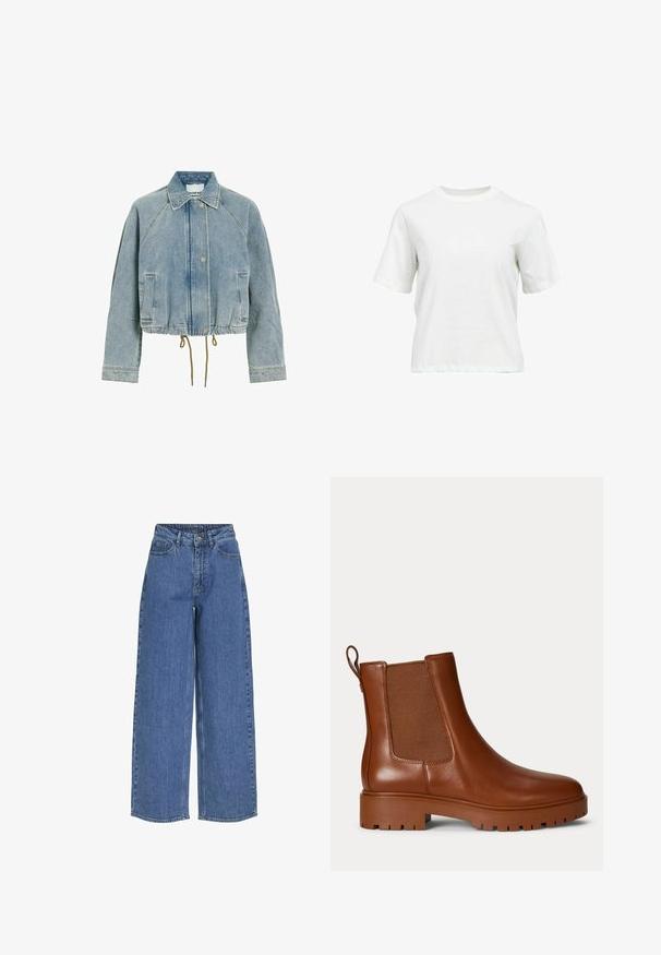 Chaqueta de denim azul claro con cuello, botones a presión, dos bolsillos delanteros, mangas largas y un cordón ajustable en el dobladillo.; Camiseta blanca de algodón de cuello redondo y mangas cortas, con un corte holgado, mostrada sobre un fondo blanco liso.; Pantalones vaqueros de pernera ancha y cintura alta, fabricados en tejido de mezclilla. Incluye bolsillos frontales y un cierre de botón. Diseño clásico y casual.; Bota Chelsea de cuero marrón con panel lateral elástico, lengüeta en el talón y suela gruesa con tacos.