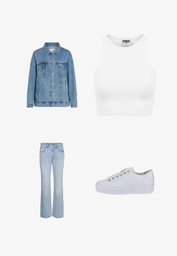 Veste en jean bleu clair avec boutons-pression en métal, deux poches poitrine avant avec rabats, manches longues et col classique.; Débardeur court blanc côtelé avec col montant et étiquette "Urban Classics XS" à l'intérieur du col.; Jean flare en denim bleu clair avec un design classique à cinq poches, taille haute et décoloration subtile. Comprend une fermeture à bouton et des passants de ceinture.; Baskets blanches en cuir au toucher lisse, à bout arrondi et semelle blanche surélevée. Présentent des œillets en métal argenté et des lacets plats.