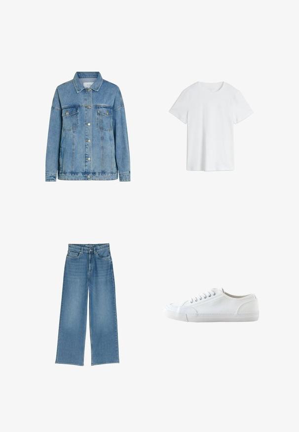 Chaqueta de mezclilla azul claro con botones de presión metálicos, dos bolsillos delanteros en el pecho con solapas, mangas largas y cuello clásico.; Camiseta blanca lisa de manga corta con cuello redondo y un ajuste normal sobre un fondo blanco.; Jeans de mezclilla de pierna ancha en azul claro con una cintura alta, cinco bolsillos y costuras visibles; la tela tiene un acabado ligeramente texturizado.; Zapatilla blanca de lona de corte bajo con cordones blancos y suela de goma, mostrada de lado sobre un fondo blanco.