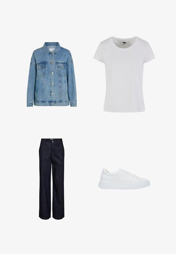 Hellblaue Jeansjacke mit Metall-Druckknöpfen, zwei vorderen Brusttaschen mit Klappen, langen Ärmeln und einem klassischen Kragen.; Weißes T-Shirt mit kurzen Ärmeln aus Baumwolle. Mit einem runden Ausschnitt und einer taillierten Form. Das Etikett trägt die Aufschrift "URBAN CLASSICS."; Dunkelblaue Denim-Jeans mit geradem Bein, Knopf- und Reißverschluss, Gürtelschlaufen und sichtbaren Nahtdetails.; Weiße Leder-Sneaker mit runder Zehenpartie, flachen Schnürsenkeln und einer dicken Gummisohle. Glatte Oberfläche mit minimalen Nähdetails.