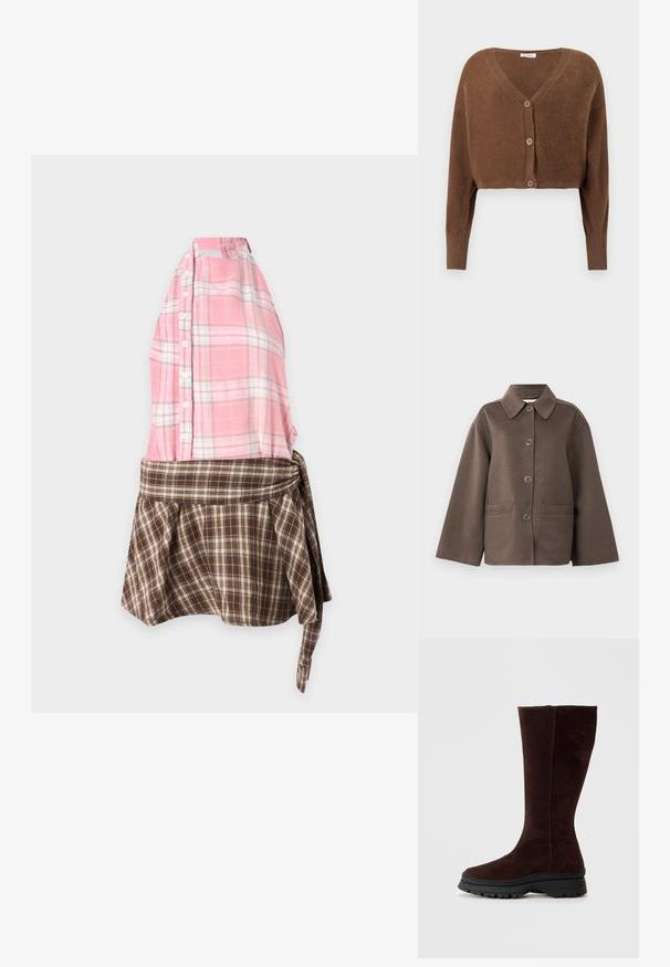 Brun uldjakke med krave, sølvfarvede trykknapper og to forlommer. Har en kasseformet pasform og let oversized ærmer.; Brun, fluffy, kort cardigan med lange ærmer og tre knapper foran på en ensfarvet lys baggrund.; Ærmeløs kjole med en lyserød ternet knappet top og en brun ternet nederdel med bindedetalje i taljen, vist på en ensfarvet baggrund.; Brune ruskind knæhøje støvler med rund tå, chunky sort gummisål og minimale syninger på den øverste del.
