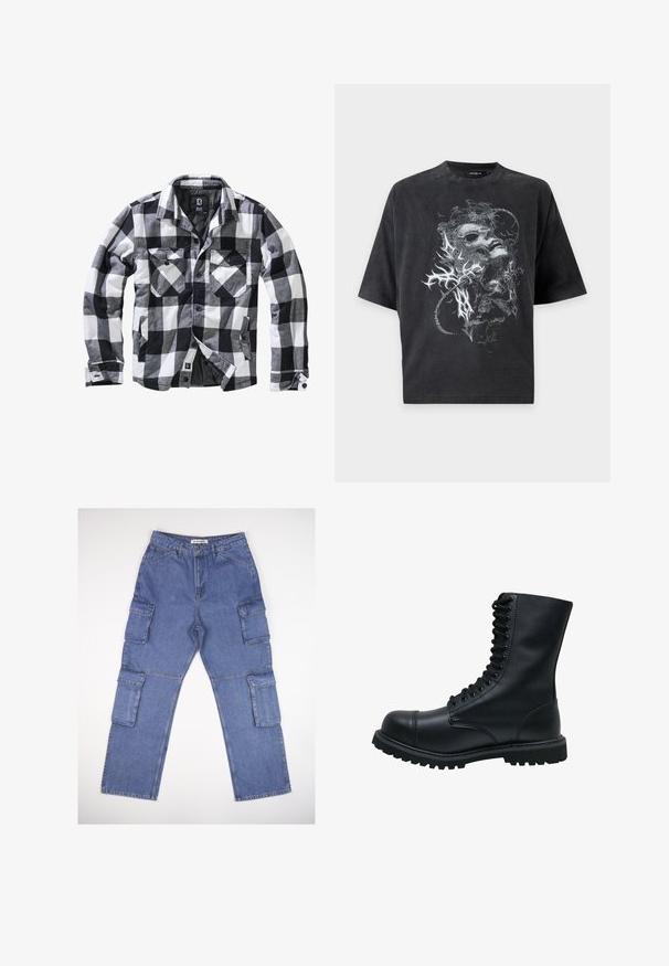 Zwart-wit-grijs geruite lange mouwen jas met twee borstzakken met klep en knoop, zijzakken voor de handen, open voorkant met zichtbare knopen.; Zwart oversized T-shirt met korte mouwen met een grijze abstracte afbeelding van een vervormd gezicht en organische vormen aan de voorkant.; Blauwe denim cargobroek met meerdere zijzakken, een rechte pasvorm en een klassieke tailleband. De stof heeft een lichte textuur en vervaging.; Zwarte leren veterschoen met een ronde neus, hoge schacht, dikke rubberen zool en een gestructureerd oppervlak. Heeft versterkte stiksels langs de naden.