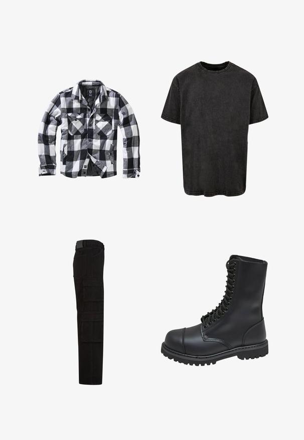 Schwarz-weiße und graue karierte Jacke mit langen Ärmeln, zwei Brusttaschen mit Knopfklappen und seitlichen Einschubtaschen, Vorderseite offen mit sichtbaren Knöpfen.; Schwarzes Baumwoll-T-Shirt mit kurzen Ärmeln, Rundhalsausschnitt und lockerer Passform. Mit einer verwaschenen Textur und sichtbaren Nähdetails entlang der Nähte.; Schwarze Cargohose mit mehreren großen Überschlagtaschen, Gürtelschlaufen und geradem Beinanschnitt, seitlich dargestellt.; Schwarze Lederkampfstiefel mit hohem Schaft, Schnürung an der Vorderseite, gepolstertem Kragen und rutschfester, strukturierter Sohle für guten Halt. Mit verstärkter Zehenkappe.