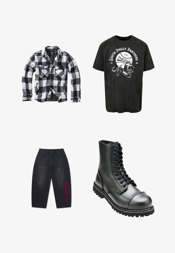 Chaqueta de manga larga a cuadros en blanco, negro y gris, con dos bolsillos en el pecho con solapa y botón, y bolsillos laterales para las manos, abertura frontal con botones visibles.; Camiseta de algodón negra de manga corta con un gráfico de un pantera y el texto "South Philly Panthers" con un diseño de béisbol.; Vaqueros negros de pierna ancha y corte cropped, con cintura alta, bolsillos delanteros y texto rojo en cursiva "ed hardy" en la pierna derecha.; Bota de combate de cuero negro con tobillo alto, punta redonda, cordones en la parte delantera y suela de goma resistente con un dibujo profundo para mayor tracción.