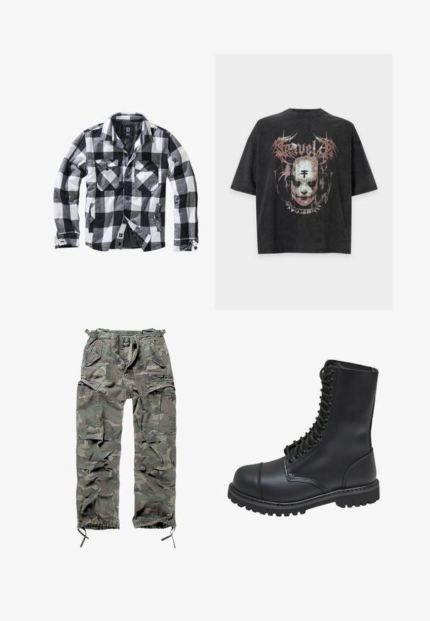 Schwarz-weiße und graue karierte Jacke mit langen Ärmeln, zwei Brusttaschen mit Knopfklappen und seitlichen Einschubtaschen, Vorderseite offen mit sichtbaren Knöpfen.; Schwarzes Oversized-T-Shirt mit verblasster Grafik eines Gesichts mit Nietenhalsband und gotischem Text darüber.; Tarnfarbene Cargo-Hose in Grün und Grau, ausgestattet mit mehreren Taschen, elastischem Bund, verstellbaren Knöchelbündchen und einer lockeren Passform.; Schwarze Lederkampfstiefel mit hohem Schaft, Schnürung an der Vorderseite, gepolstertem Kragen und rutschfester, strukturierter Sohle für guten Halt. Mit verstärkter Zehenkappe.