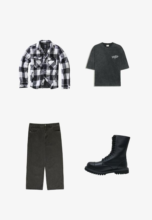Schwarz-weiße und graue karierte Jacke mit langen Ärmeln, zwei Brusttaschen mit Knopfklappen und seitlichen Einschubtaschen, Vorderseite offen mit sichtbaren Knöpfen.; Schwarzes, ausgewaschenes T-Shirt mit kurzen Ärmeln, rundem Ausschnitt und kleinem weißen Flammenschriftzug auf der linken Brust.; Schwarze Denim-Hose mit weitem Bein und hoher Taille, fünf Taschen und Knopfverschluss. Weiche Textur und gerades Schnittdesign.; Schwarze Leder Schnürstiefel mit runder Zehenkappe, hohem Schaft, dicker Gummisohle und texturierter Oberfläche. Enthält verstärkte Nähte entlang der Nähte.