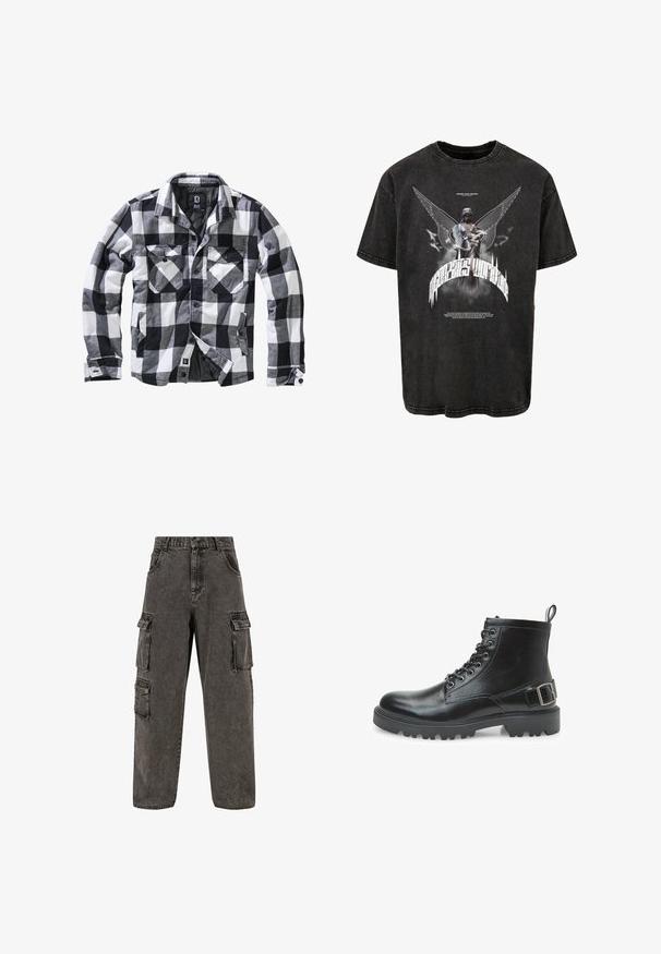 Chaqueta de manga larga a cuadros en blanco, negro y gris, con dos bolsillos en el pecho con solapa y botón, y bolsillos laterales para las manos, abertura frontal con botones visibles.; Camiseta negra de gran tamaño hecha de denim, con un gráfico de una estatua con alas y texto, y una textura ligeramente desgastada.; Karl Kani OG BAGGY - Vaqueros boyfriend - grey; Bota de combate de cuero negro con cordones, ojales de metal, suela resistente, lengüeta en el talón y una correa decorativa con hebilla en el costado.