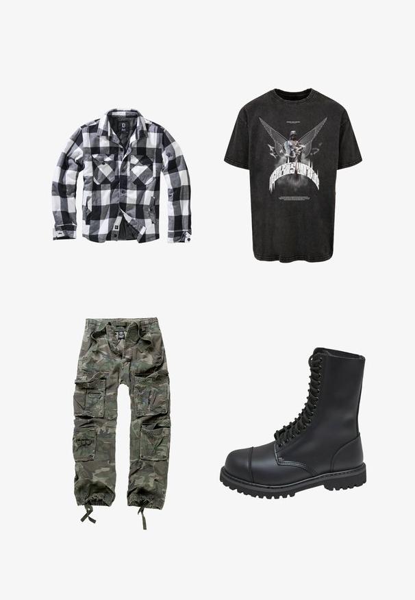 Chaqueta de manga larga a cuadros en blanco, negro y gris, con dos bolsillos en el pecho con solapa y botón, y bolsillos laterales para las manos, abertura frontal con botones visibles.; Camiseta negra de gran tamaño hecha de denim, con un gráfico de una estatua con alas y texto, y una textura ligeramente desgastada.; Pantalones cargo de camuflaje, confeccionados en algodón, con múltiples bolsillos, puños elásticos y un corte holgado con cintura ajustable mediante cordón.; Bota de combate de cuero negro con caña alta, parte frontal con cordones, cuello acolchado y suela texturizada resistente para un buen agarre. Presenta una puntera reforzada.