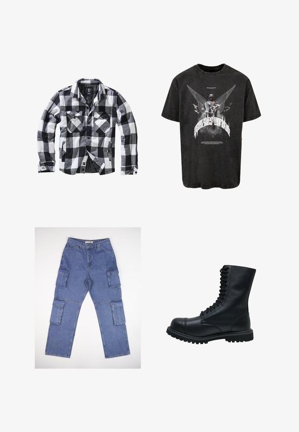 Veste à manches longues à carreaux noirs, blancs et gris avec deux poches poitrine à rabat boutonné et poches latérales pour les mains, ouverture avant avec boutons apparents.; T-shirt noir surdimensionné en denim, arborant un graphisme d'une statue avec des ailes et du texte, et une texture légèrement usée.; Pantalons cargo en denim bleu avec plusieurs poches latérales, un design à jambe droite et une taille classique. Le tissu a une légère texture et un effet délavé.; Bottines en cuir noir à lacets avec un bout rond, une tige haute, une semelle en caoutchouc épaisse et une surface texturée. Comprend des piqûres renforcées le long des coutures.