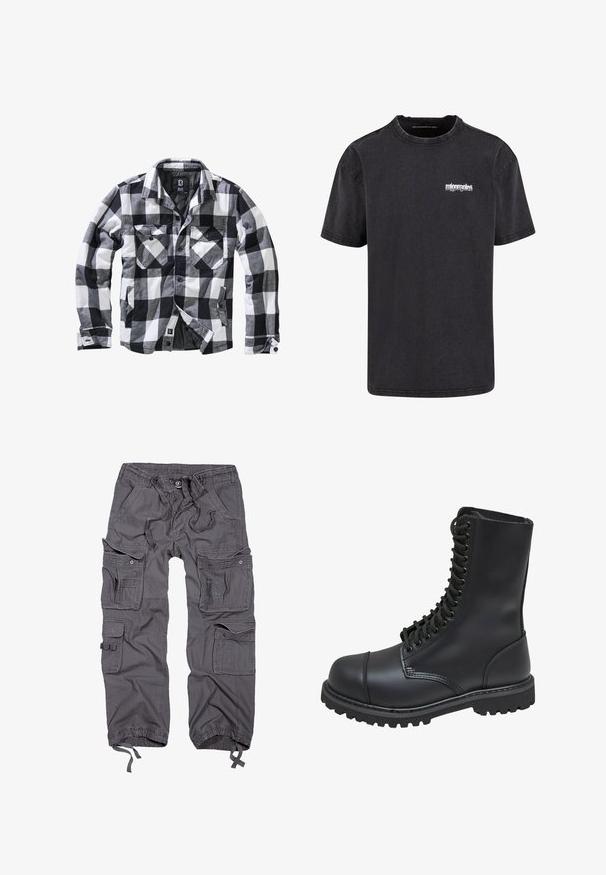Sort, hvid og grå ternet langærmet jakke med to brystlommer med knapklapper og sidelommer, åben front med synlige knapper.; Sort bomulds T-shirt med korte ærmer, rund hals og et hvidt logo på venstre bryst. Blød tekstur og almindelig pasform.; Grå cargo bukser med flere lommer, snoreliv, knaplukning, tapered ben og en tekstureret stoffinish.; Sort læder kampstøvle med høj skaft, snørebånd foran, polstret krave og en robust tekstureret sål for godt greb. Har forstærket tåhætte.