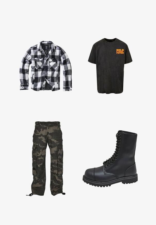 Schwarz-weiße und graue karierte Jacke mit langen Ärmeln, zwei Brusttaschen mit Knopfklappen und seitlichen Einschubtaschen, Vorderseite offen mit sichtbaren Knöpfen.; Schwarzes Baumwoll-T-Shirt mit entspanntem Schnitt, kurzärmlig, mit einem Retro-Design in Orange "PULP FICTION" auf der linken Brust.; Tarnfarbene Cargo-Hosen in Dunkelgrün und Grau, ausgestattet mit mehreren Seitentaschen, einem Knopfverschluss und verstellbaren Knöchel-Zugbändern.; Schwarze Lederkampfstiefel mit hohem Schaft, Schnürung an der Vorderseite, gepolstertem Kragen und rutschfester, strukturierter Sohle für guten Halt. Mit verstärkter Zehenkappe.