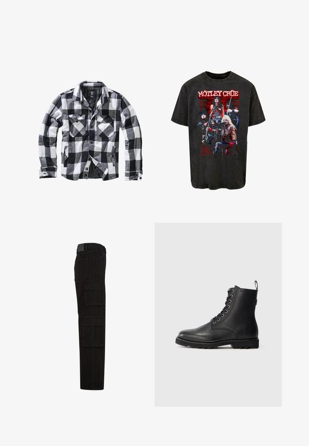 Schwarz-weiße und graue karierte Jacke mit langen Ärmeln, zwei Brusttaschen mit Knopfklappen und seitlichen Einschubtaschen, Vorderseite offen mit sichtbaren Knöpfen.; Merchcode MOTLEY CRUE-LIVE MONTAGE ACID WASHED HEAVY - T-Shirt print - black; Schwarze Cargohose mit mehreren großen Überschlagtaschen, Gürtelschlaufen und geradem Beinanschnitt, seitlich dargestellt.; Schwarze Lederstiefelette mit runder Zehenform, Schnürdesign und Metallösen. Verfügt über eine strukturierte Sohle und einen Zuglasche an der Ferse für einfachen Einstieg.