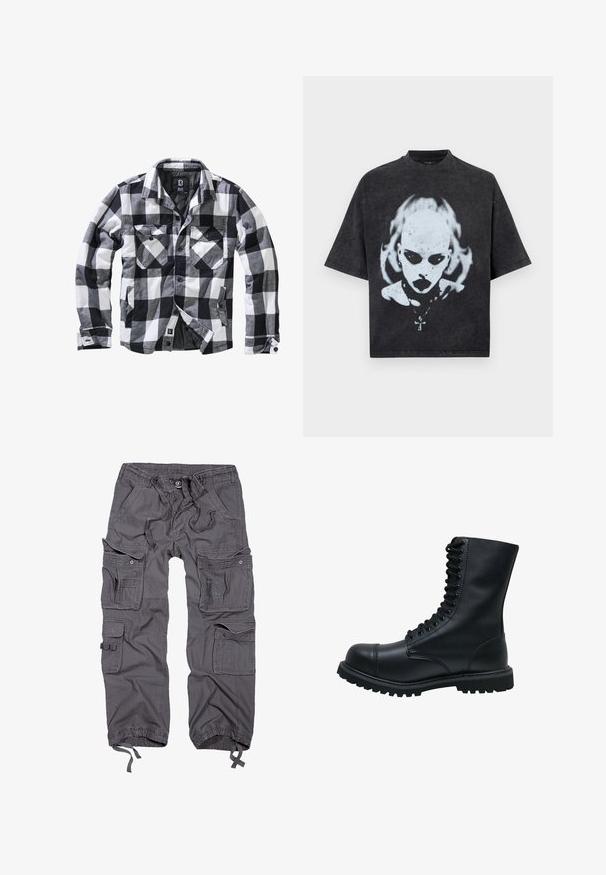 Chaqueta de manga larga a cuadros en blanco, negro y gris, con dos bolsillos en el pecho con solapa y botón, y bolsillos laterales para las manos, abertura frontal con botones visibles.; Camiseta negra de talla grande con un gráfico blanco de una persona calva con ojos oscuros, lápiz labial, piercings y un collar con colgante de cruz.; Pantalones cargo grises con múltiples bolsillos, cintura con cordón, cierre de botón, puños ajustados y un acabado de tela texturizada.; Botín de cuero negro con cordones, punta redonda, caña alta, suela de goma gruesa y superficie texturizada. Presenta costuras reforzadas a lo largo de las uniones.