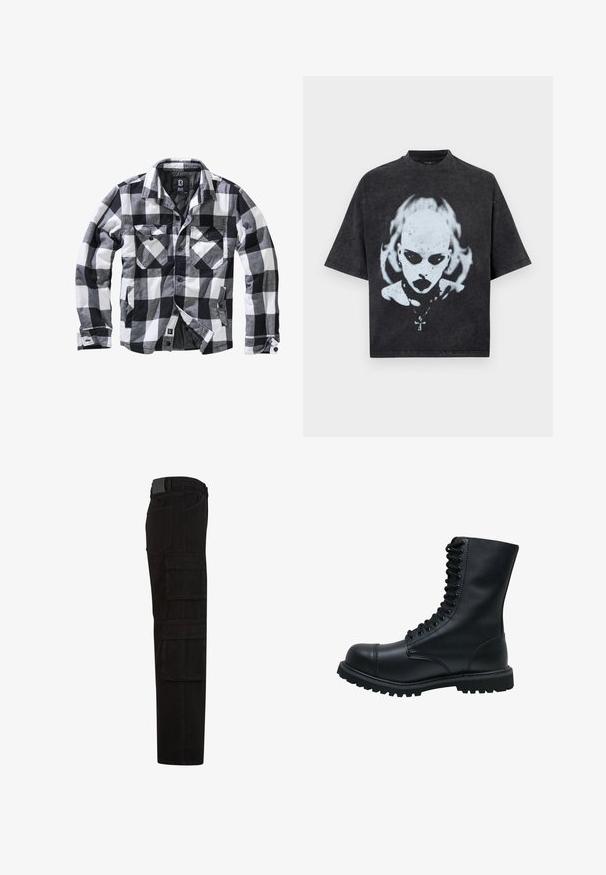 Veste à manches longues à carreaux noirs, blancs et gris avec deux poches poitrine à rabat boutonné et poches latérales pour les mains, ouverture avant avec boutons apparents.; T-shirt noir oversize avec un graphisme blanc représentant une personne chauve aux yeux foncés, rouge à lèvres, piercings et un collier avec un pendentif en forme de croix.; Pantalon cargo noir avec plusieurs grandes poches à rabat, passants de ceinture, et une coupe droite, vu de côté.; Botte de combat en cuir noir à lacets avec semelle épaisse à crampons et bout renforcé, vue de côté sur fond blanc.