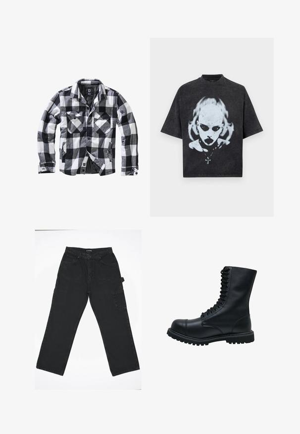 Zwart-wit-grijs geruite lange mouwen jas met twee borstzakken met klep en knoop, zijzakken voor de handen, open voorkant met zichtbare knopen.; Zwart oversized T-shirt met een wit grafisch ontwerp van een kale persoon met donkere ogen, lippenstift, piercings en een ketting met een kruisje.; Zwarte denim broek met een rechte pijpdesign, voorzien van een knoopsluiting aan de voorkant, achterzakken en een zijvak voor cargo.; Zwarte leren veterschoen met een ronde neus, hoge schacht, dikke rubberen zool en een gestructureerd oppervlak. Heeft versterkte stiksels langs de naden.
