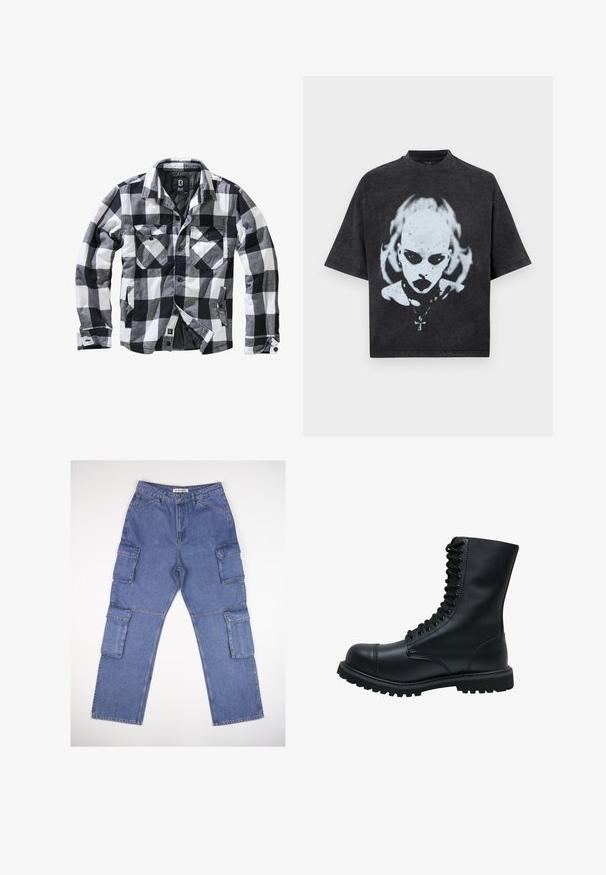 Veste à manches longues à carreaux noirs, blancs et gris avec deux poches poitrine à rabat boutonné et poches latérales pour les mains, ouverture avant avec boutons apparents.; T-shirt noir oversize avec un graphisme blanc représentant une personne chauve aux yeux foncés, rouge à lèvres, piercings et un collier avec un pendentif en forme de croix.; Pantalons cargo en denim bleu avec plusieurs poches latérales, un design à jambe droite et une taille classique. Le tissu a une légère texture et un effet délavé.; Bottines en cuir noir à lacets avec un bout rond, une tige haute, une semelle en caoutchouc épaisse et une surface texturée. Comprend des piqûres renforcées le long des coutures.
