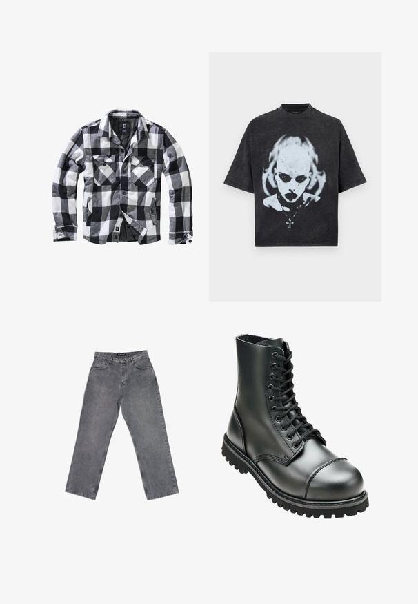 Veste à manches longues à carreaux noirs, blancs et gris avec deux poches poitrine à rabat boutonné et poches latérales pour les mains, ouverture avant avec boutons apparents.; T-shirt noir oversize avec un graphisme blanc représentant une personne chauve aux yeux foncés, rouge à lèvres, piercings et un collier avec un pendentif en forme de croix.; Jean en denim gris, taille haute, jambe droite, avec poches avant, passants pour ceinture, fermeture par bouton et coutures visibles sur fond blanc.; Botte de combat en cuir noir avec une tige haute, bout rond, laçage sur le devant et semelle en caoutchouc robuste avec un profil de crantage profond pour une meilleure adhérence.
