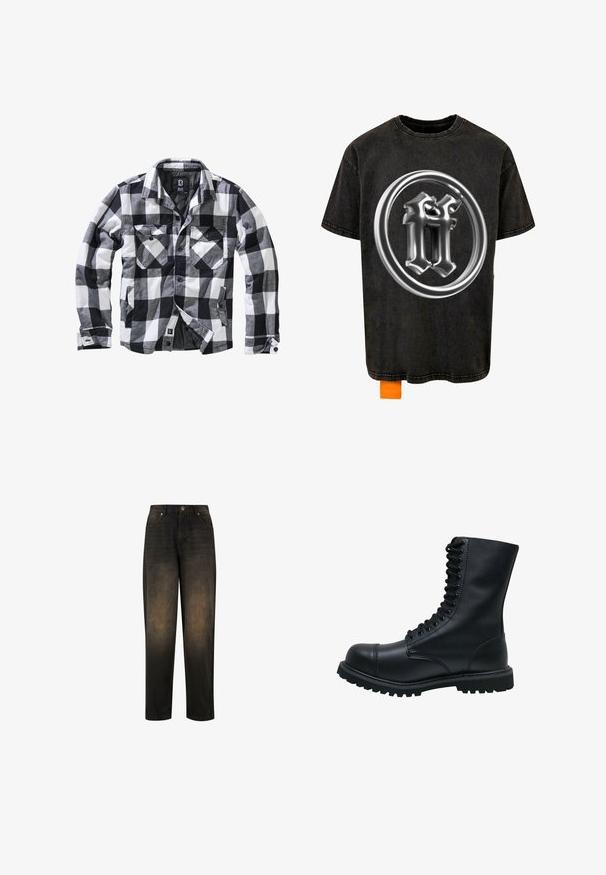 Veste à manches longues à carreaux noirs, blancs et gris avec deux poches poitrine à rabat boutonné et poches latérales pour les mains, ouverture avant avec boutons apparents.; Forgotten Faces RADIANT LOGO ACID - T-shirt imprimé - black; Jean en denim foncé avec une finition légèrement délavée, présentant une jambe droite, un design à cinq poches et une fermeture à bouton métallique.; Bottines en cuir noir à lacets avec un bout rond, une tige haute, une semelle en caoutchouc épaisse et une surface texturée. Comprend des piqûres renforcées le long des coutures.