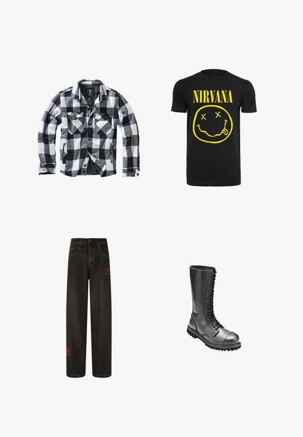 Zwart-wit-grijs geruite lange mouwen jas met twee borstzakken met klep en knoop, zijzakken voor de handen, open voorkant met zichtbare knopen.; Zwart katoenen t-shirt met grote gele tekst "NIRVANA" en een grafisch ontwerp van een lachend gezicht met gekruiste ogen en een uitstulpend tong.; Zwarte denim broek met wijde pijpen, zichtbaar stiksel en rode geborduurde tekst. Voorzien van een klassieke knoopsluiting en riemlussen.; Zwarte leren veterlaarzen met een hoge schacht, ronde neus, gewatteerde kraag en een geprofileerde rubberen zool voor betere grip.