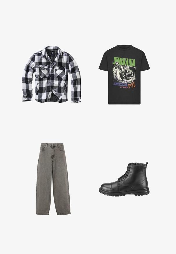 Veste à manches longues à carreaux noirs, blancs et gris avec deux poches poitrine à rabat boutonné et poches latérales pour les mains, ouverture avant avec boutons apparents.; T-shirt noir avec un logo « Nirvana » vert, des membres du groupe illustrés, et un texte indiquant « Live UK Tour 1992 » en violet, rose et orange.; Pantalon en denim gris avec taille haute, jambes larges, design classique à cinq poches et fermeture à bouton à l'avant. Fini légèrement texturé.; Bottines en cuir noir à bout rond, avec un laçage à l'avant, une surface texturée et une semelle en caoutchouc épaisse, dotées d'une languette à l'arrière.