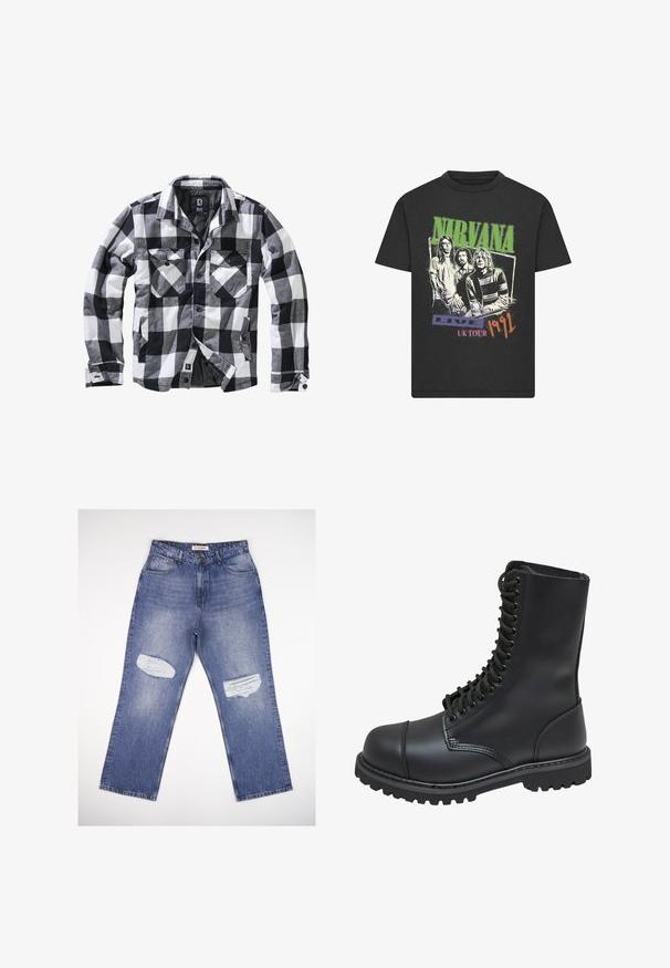 Sort, hvid og grå ternet langærmet jakke med to brystlommer med knapklapper og sidelommer, åben front med synlige knapper.; Sort t-shirt med en grøn "Nirvana"-logo, illustrerede bandmedlemmer og tekst, der siger "Live UK Tour 1992" i lilla, pink og orange.; Lyseblå denimjeans med høj talje, lige ben og to slidte pletter foran. Klassisk design med fem lommer.; Sort læder kampstøvle med høj skaft, snørebånd foran, polstret krave og en robust tekstureret sål for godt greb. Har forstærket tåhætte.