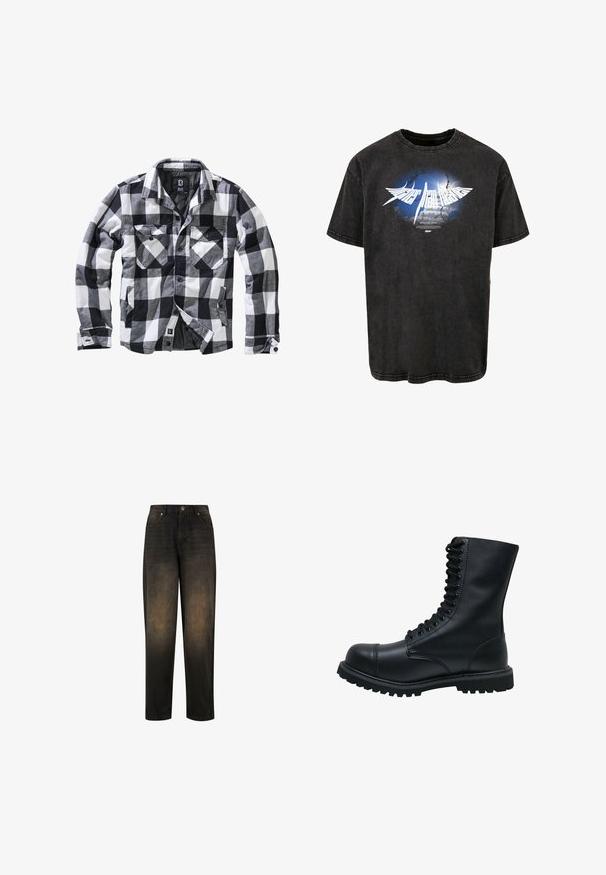 Veste à manches longues à carreaux noirs, blancs et gris avec deux poches poitrine à rabat boutonné et poches latérales pour les mains, ouverture avant avec boutons apparents.; T-shirt en coton noir avec un design graphique représentant un ciel bleu et des nuages, du texte blanc et une finition vieillie, avec des manches courtes et un col rond.; Jean en denim foncé avec une finition légèrement délavée, présentant une jambe droite, un design à cinq poches et une fermeture à bouton métallique.; Bottines en cuir noir à lacets avec un bout rond, une tige haute, une semelle en caoutchouc épaisse et une surface texturée. Comprend des piqûres renforcées le long des coutures.