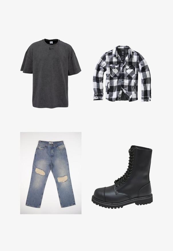 Zwart-wit-grijs geruite lange mouwen jas met twee borstzakken met klep en knoop, zijzakken voor de handen, open voorkant met zichtbare knopen.; Grijze oversized t-shirt van een katoenmix, met een ronde hals en korte mouwen. Het heeft een subtiele geborduurde logo op de borst.; Lichtblauwe denim jeans met een rechte pasvorm, voorzien van twee grote versleten stukken op de knieën en een standaard vijf-pocket ontwerp.; Zwarte leren gevechtslaars met een hoge schacht, vetersluiting aan de voorkant, gewatteerde kraag en een stevige, gestructureerde zool voor grip. Bevat een versterkte neus.
