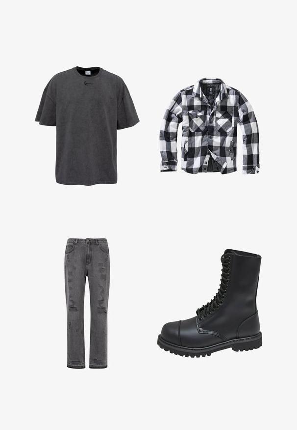 Veste à manches longues à carreaux noirs, blancs et gris avec deux poches poitrine à rabat boutonné et poches latérales pour les mains, ouverture avant avec boutons apparents.; T-shirt oversize gris en coton mélangé, avec un col rond et des manches courtes. Il présente un logo brodé subtil sur la poitrine.; Jean en denim gris, coupe droite avec un délavage usé, présentant des déchirures visibles et un ourlet légèrement effiloché, fermé par un bouton argenté.; Botte de combat en cuir noir avec un haut tige, fermeture lacée à l'avant, col rembourré et semelle texturée robuste pour une meilleure adhérence. Dotée d'un capuchon de protection renforcé.