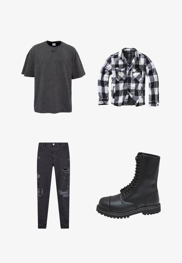 Zwart-wit-grijs geruite lange mouwen jas met twee borstzakken met klep en knoop, zijzakken voor de handen, open voorkant met zichtbare knopen.; Grijze oversized t-shirt van een katoenmix, met een ronde hals en korte mouwen. Het heeft een subtiele geborduurde logo op de borst.; Zwarte denim jeans met een slim fit, voorzien van versleten scheuren en rafelige stukken, klassieke vijf-pocket ontwerp en een metalen knoopsluiting.; Zwarte leren gevechtslaars met een hoge schacht, vetersluiting aan de voorkant, gewatteerde kraag en een stevige, gestructureerde zool voor grip. Bevat een versterkte neus.