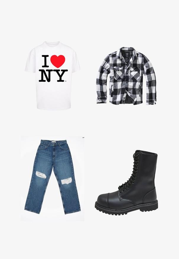 Veste à manches longues à carreaux noirs, blancs et gris avec deux poches poitrine à rabat boutonné et poches latérales pour les mains, ouverture avant avec boutons apparents.; T-shirt en coton blanc à manches courtes avec un texte noir vif "I NY" et une forme de cœur rouge, design classique à encolure ras du cou.; Jeans en denim bleu clair avec une coupe droite, présentant deux patchs déchirés aux genoux et un style à cinq poches standard.; Botte de combat en cuir noir avec un haut tige, fermeture lacée à l'avant, col rembourré et semelle texturée robuste pour une meilleure adhérence. Dotée d'un capuchon de protection renforcé.
