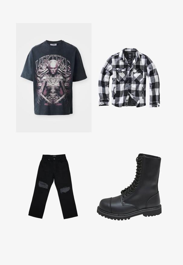 Chaqueta de manga larga a cuadros en blanco, negro y gris, con dos bolsillos en el pecho con solapa y botón, y bolsillos laterales para las manos, abertura frontal con botones visibles.; Camiseta gráfica negra de algodón, con un gran diseño en rosa y blanco de una figura humanoide con detalles intrincados y el texto "VERTERE."; Jeans de mezclilla negra con un ajuste relajado, que presentan dos parches desgastados en las rodillas. La tela tiene una textura suave y un desvanecimiento mínimo.; Bota de combate de cuero negro con caña alta, parte frontal con cordones, cuello acolchado y suela texturizada resistente para un buen agarre. Presenta una puntera reforzada.