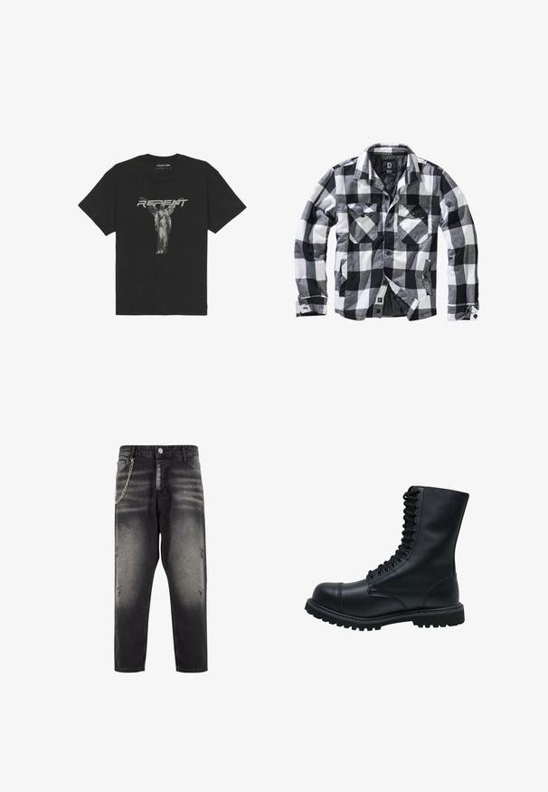 Schwarz-weiße und graue karierte Jacke mit langen Ärmeln, zwei Brusttaschen mit Knopfklappen und seitlichen Einschubtaschen, Vorderseite offen mit sichtbaren Knöpfen.; Schwarzes Baumwoll-T-Shirt mit kurzen Ärmeln, auf dem eine frontale Grafik einer Statue und das Wort "BUßE" in fetten grauen Buchstaben zu sehen ist.; Schwarze Jeans mit distressed Details, entspannter Passform und einem silbernen Kettenakzent auf der linken Seite. Mit Knopfverschluss und Taschen ausgestattet.; Schwarze Leder Schnürstiefel mit runder Zehenkappe, hohem Schaft, dicker Gummisohle und texturierter Oberfläche. Enthält verstärkte Nähte entlang der Nähte.