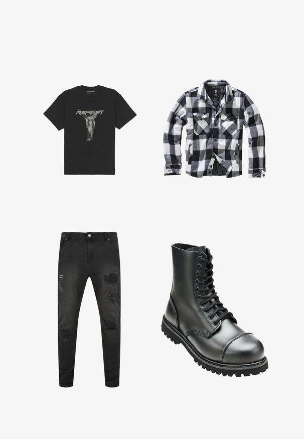 Schwarz-weiße und graue karierte Jacke mit langen Ärmeln, zwei Brusttaschen mit Knopfklappen und seitlichen Einschubtaschen, Vorderseite offen mit sichtbaren Knöpfen.; Schwarzes Baumwoll-T-Shirt mit kurzen Ärmeln, auf dem eine frontale Grafik einer Statue und das Wort "BUßE" in fetten grauen Buchstaben zu sehen ist.; Schwarze Denim-Jeans im Slim Fit, mit distressten Details, Rissen und verblassten Bereichen. Klassisches Fünf-Taschen-Design mit Metallknopfverschluss.; Schwarze Lederkampfstiefel mit hohem Knöchel, runder Zehenpartie, Schnürung vorne und robustem Gummisohle mit tiefem Profil für besseren Grip.