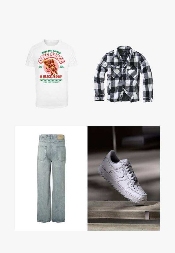 Sort, hvid og grå ternet langærmet jakke med to brystlommer med knapklapper og sidelommer, åben front med synlige knapper.; Hvid t-shirt med grafisk print af en pizzaslice med pepperoni, ledsaget af farverig tekst og et ternet mønster nederst.; Lyseblå lige-cut denim jeans med to baglommer og en beige mærkeetiket på linningen.; Hvid læder Nike Air Force 1 sneaker med perforeret tå, flade snørebånd og tekstureret gummisål med "AIR" branding på siden.
