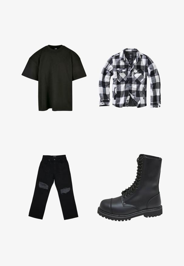 Chaqueta de manga larga a cuadros en blanco, negro y gris, con dos bolsillos en el pecho con solapa y botón, y bolsillos laterales para las manos, abertura frontal con botones visibles.; Camiseta negra de corte oversized en suave algodón. Presenta un cuello redondo y mangas cortas, con una textura suave y un diseño minimalista.; Jeans de mezclilla negra con un ajuste relajado, que presentan dos parches desgastados en las rodillas. La tela tiene una textura suave y un desvanecimiento mínimo.; Bota de combate de cuero negro con caña alta, parte frontal con cordones, cuello acolchado y suela texturizada resistente para un buen agarre. Presenta una puntera reforzada.