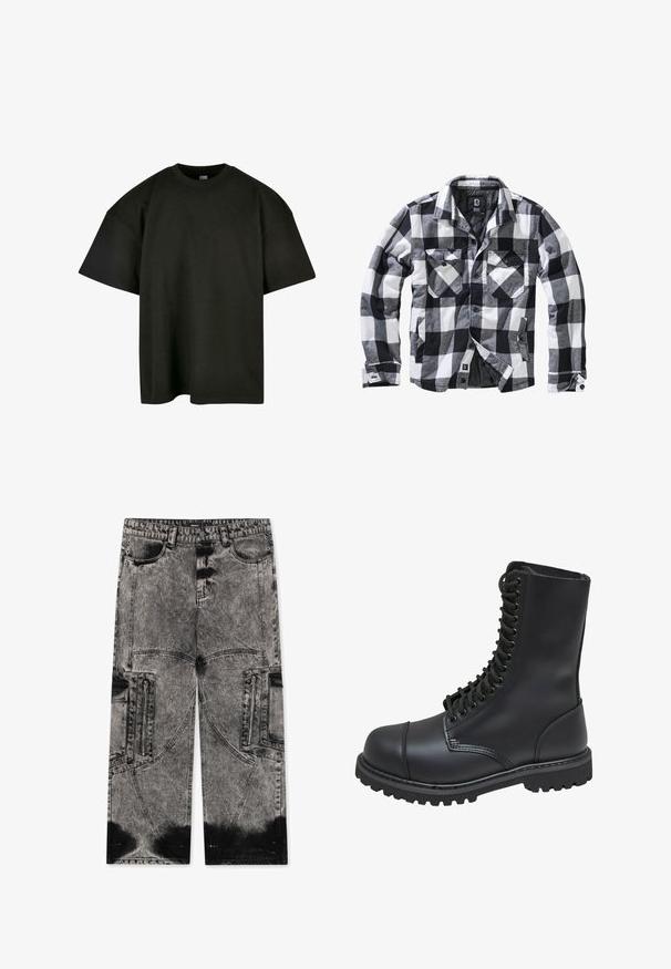 Chaqueta de manga larga a cuadros en blanco, negro y gris, con dos bolsillos en el pecho con solapa y botón, y bolsillos laterales para las manos, abertura frontal con botones visibles.; Camiseta negra de corte oversized en suave algodón. Presenta un cuello redondo y mangas cortas, con una textura suave y un diseño minimalista.; FAVELA BIG POCKET - Vaqueros holgados - black acid washed; Bota de combate de cuero negro con caña alta, parte frontal con cordones, cuello acolchado y suela texturizada resistente para un buen agarre. Presenta una puntera reforzada.