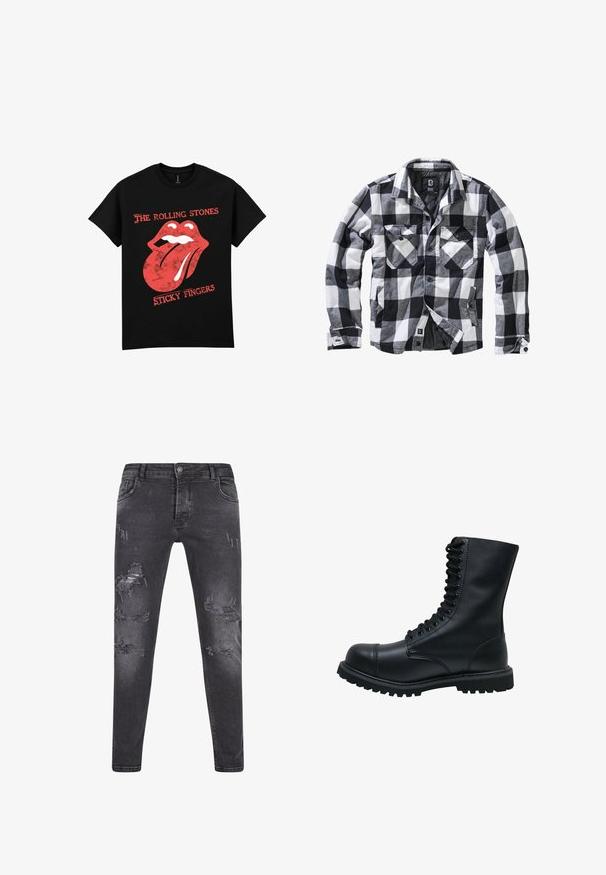 Zwart-wit-grijs geruite lange mouwen jas met twee borstzakken met klep en knoop, zijzakken voor de handen, open voorkant met zichtbare knopen.; Zwart katoenen T-shirt met een rood-wit Rolling Stones-logo met tongontwerp en de tekst "Sticky Fingers" eronder.; Zwarte denim jeans met een slim fit, voorzien van gescheurde details, een vervaagde uitstraling en een klassiek vijf-pocket ontwerp. Knopsluiting bij de taille.; Zwarte leren veterschoen met een ronde neus, hoge schacht, dikke rubberen zool en een gestructureerd oppervlak. Heeft versterkte stiksels langs de naden.