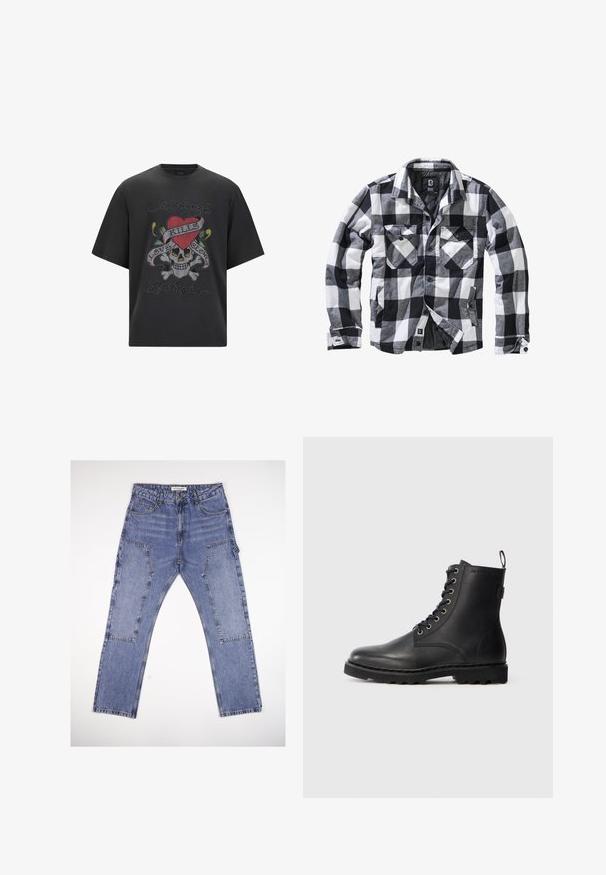Chaqueta de manga larga a cuadros en blanco, negro y gris, con dos bolsillos en el pecho con solapa y botón, y bolsillos laterales para las manos, abertura frontal con botones visibles.; Camiseta gráfica negra con un diseño de calavera, un corazón rojo y el texto "Love Kills", adornada con coloridos rhinestones y un diseño de corte holgado.; Jeans de mezclilla azul con un diseño de pierna recta, que presentan múltiples bolsillos, costuras y una textura descolorida. La cinturilla tiene un inserto elástico.; Botín de cuero negro con punta redonda, diseño con cordones y ojales de metal. Cuenta con una suela texturizada y una lengüeta en el talón para facilitar su uso.