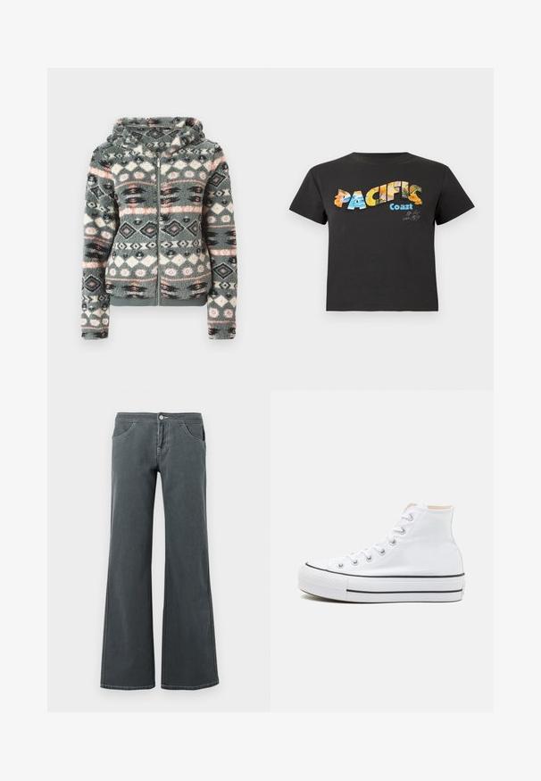 Grau melierte Fleece-Hoody mit Reißverschluss, mit einem geometrischen Muster, das rosa, blau und schwarze Akzente aufweist. Weicher Stoff und Kapuzen-Design.; Schwarzes T-Shirt mit kurzen Ärmeln und dem Text "PACIFIC Coast", der auf der Vorderseite bunte tropische und ozeanische Muster zeigt.; Ausgestellt geschnittene graue Jeans aus Denim mit glatter Textur. Zu den Merkmalen gehören ein Knopfverschluss, Gürtelschlaufen und vordere Taschen.; Weiße High-Top-Sneaker aus einem Material aus Segeltuch, mit schwarzer Gummisohle und kontrastierendem schwarzen Streifen auf der Zwischensohle. Runde Zehenkappe und Schnürdesign.