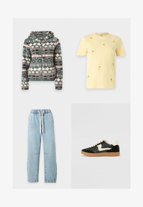 Sweat à capuche en fausse fourrure gris, avec un motif géométrique comportant des accents rose, bleu et noir. Texture douce et design à capuche.; T-shirt jaune clair à manches courtes avec de petits ananas brodés avec des feuilles vertes dispersés sur le devant.; Pantalon en denim bleu clair avec taille élastique et cordon blanc, jambes droites et détails subtils sur les coutures aux genoux.; Baskets en daim et cuir noir avec un swoosh latéral crème et un talon crème clair. Dotées de lacets beige et d'une semelle en caoutchouc gomme.