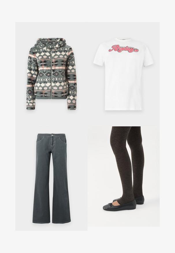 Grijs nepbont zip-up hoodie, met een geometrisch patroon met roze, blauwe en zwarte accenten. Zachte textuur en capuchonontwerp.; Wit T-shirt met korte mouwen met roze en zwarte tekst "Hot & Sweet Replay", vergezeld door een kleine aardbeienafbeelding op de borst.; Grijze flared jeans van denim met een gladde textuur. Kenmerken zijn een knoopsluiting, riemlussen en voorzakken.; Benen met donkere geribbelde leggings gecombineerd met zwarte ballerina's met kleine strikdetails op een witte achtergrond.