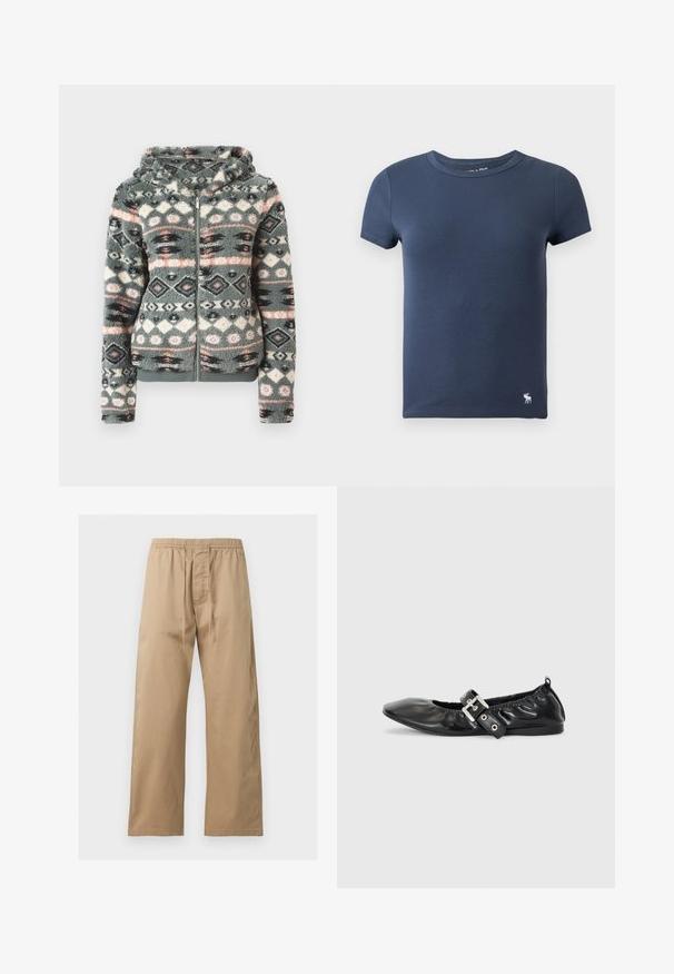 Sweat à capuche en fausse fourrure gris, avec un motif géométrique comportant des accents rose, bleu et noir. Texture douce et design à capuche.; T-shirt en coton côtelé bleu marine à manches courtes avec col rond et petit logo élan blanc près de l'ourlet inférieur sur fond uni.; Pantalon marron clair à coupe ample avec taille élastique et cordon à l’avant, en tissu léger, présenté sur un fond uni.; Chaussure plate en cuir noir avec un nez pointu, des détails froncés autour de l'ouverture et un accent en boucle argentée sur la bride ajustable.