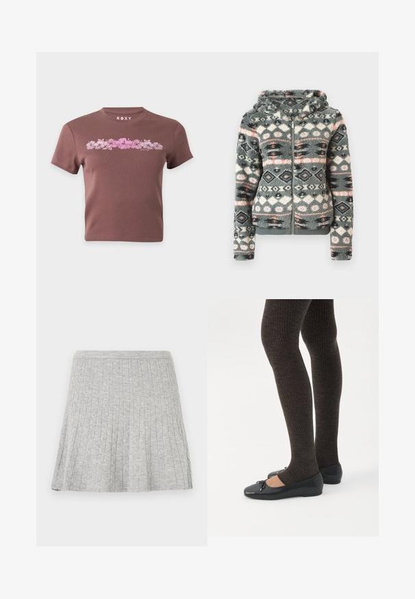 Sweat à capuche en fausse fourrure gris, avec un motif géométrique comportant des accents rose, bleu et noir. Texture douce et design à capuche.; T-shirt marron court avec manches courtes, présentant une rangée horizontale de fleurs d'hibiscus roses et le nom de la marque Roxy au-dessus du motif.; Jupe tricotée gris clair avec un motif torsadé, courte et légèrement évasée sur un fond uni.; Jambes portant des leggings côtelés foncés associés à des ballerines noires avec de petits détails en nœud sur fond blanc.