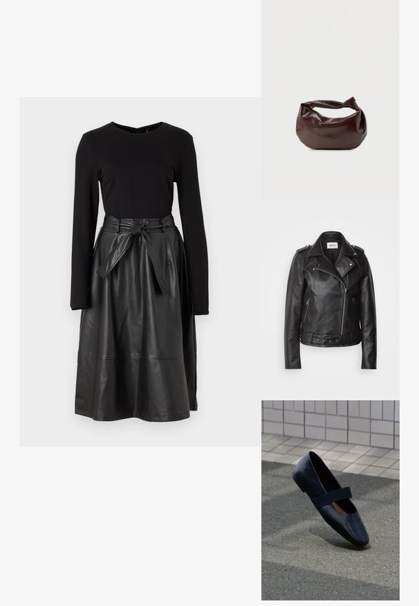 Chaqueta de motociclista de cuero negro con cremallera asimétrica, cintura con cinturón y bolsillos laterales con cremallera. Textura suave con detalles de hombreras.; Top negro de manga larga combinado con una falda negra de cuero sintético, con una cintura atada y una textura suave y brillante.; Zapato plano de cuero negro con punta redonda, que presenta una suave correa elástica negra sobre la parte superior. Textura suave y diseño minimalista.; Bolso de hombro de cuero marrón oscuro con una forma suave y caída, y un asa con nudo torcido sobre un fondo blanco liso.